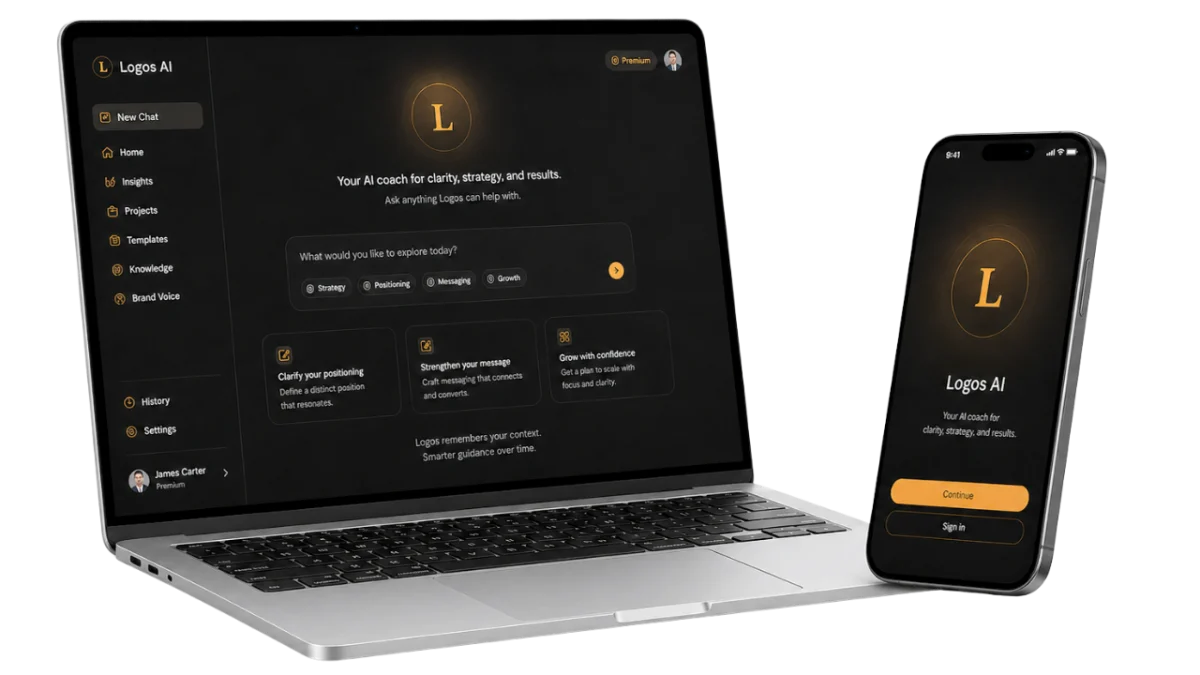 Logos AI — laptop and mobile app mockup